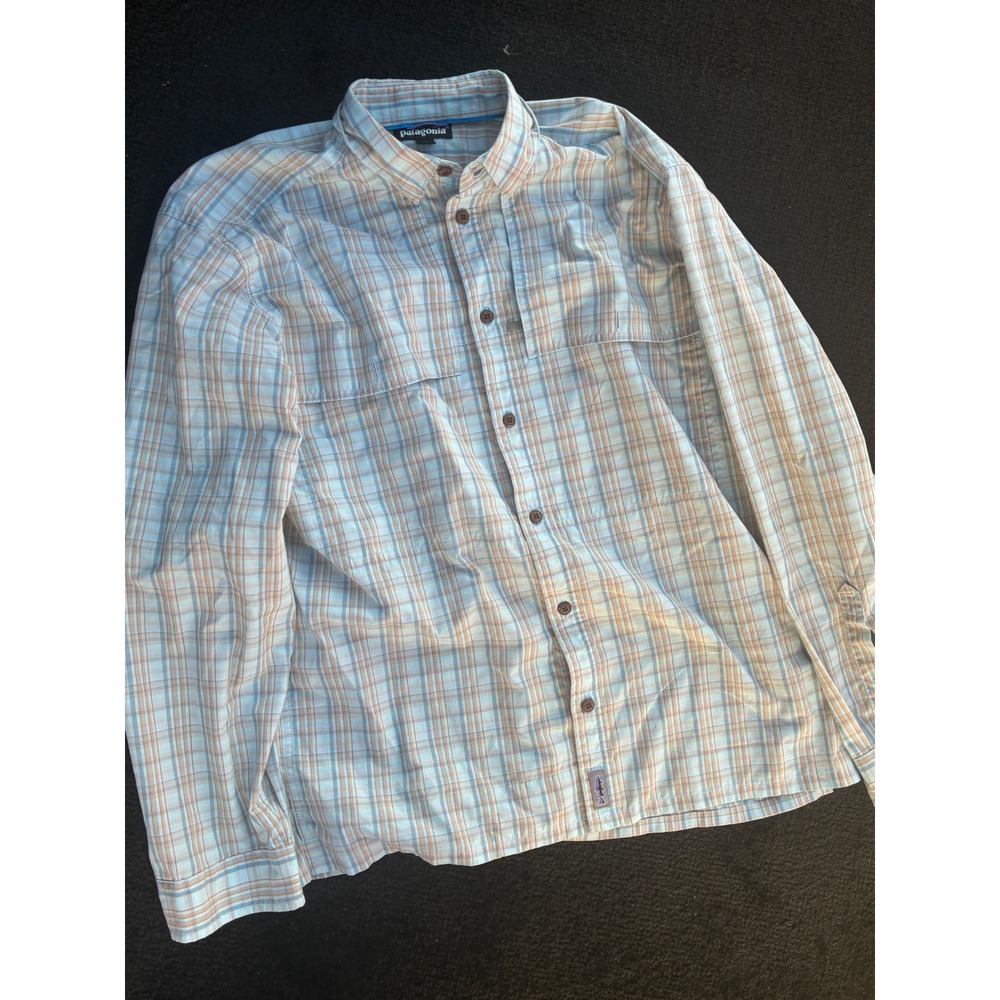 Patagonia Mens Sol Patrol II Long Sleeve Fishing Shirt Plaid Blue Orange Medium